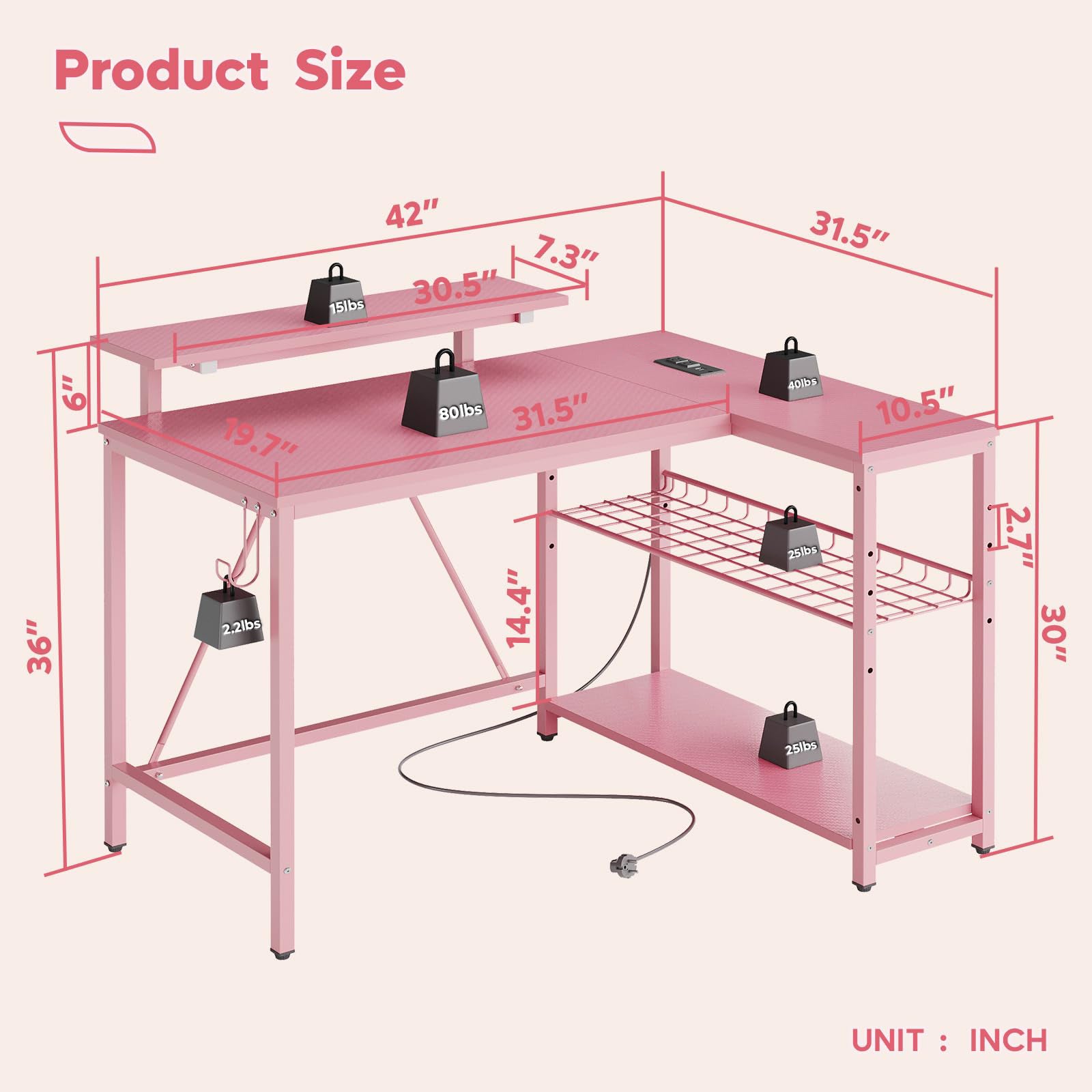 RSPGAME 42" L Shaped Computer Desk with Power Outlets, Corner Office Desk with LED Lights & Monitor Stand, Reversible Shelves, Corner Desk for Small Spaces ,Bedrooms & Home, Carbon Fiber Pink