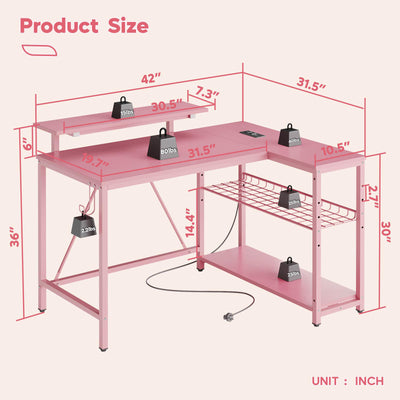 RSPGAME 42" L Shaped Computer Desk with Power Outlets, Corner Office Desk with LED Lights & Monitor Stand, Reversible Shelves, Corner Desk for Small Spaces ,Bedrooms & Home, Carbon Fiber Pink