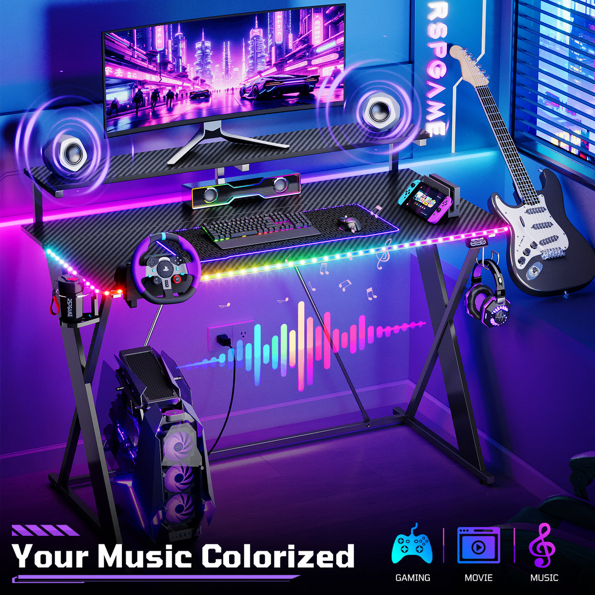 RSPGAME 43" Music Sync LED Gaming Desk,X-Shape Ergonomic Monitor Stand Gamer Table,PC Desk with Dynamic Lighting,Color Changing Office Desks,Black Racing