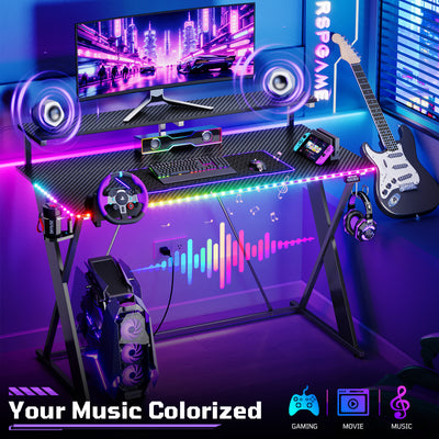 RSPGAME 43" Music Sync LED Gaming Desk,X-Shape Ergonomic Monitor Stand Gamer Table,PC Desk with Dynamic Lighting,Color Changing Office Desks,Black Racing