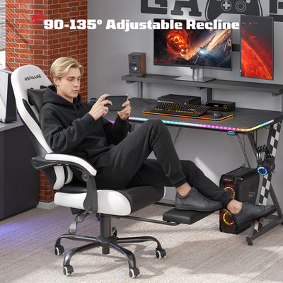 RSPGame Ergonomic Gaming Chairs for Adults,Pocket Spring Cushion,PU Leather Office Chairs with Lumbar Support and Retractable Footrest,Home and Office Computer Chairs-White Racing