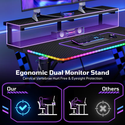 RSPGAME 43" Music Sync Light Gaming Desk PC Computer Black Office Gamer Table Desk with LED Lights & Monitor Stand, Blue Racing