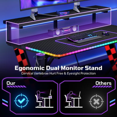 RSPGAME 43" Music Sync Light Gaming Desk PC Computer Black Office Gamer Table Desk with LED Lights & Monitor Stand, Red Racing