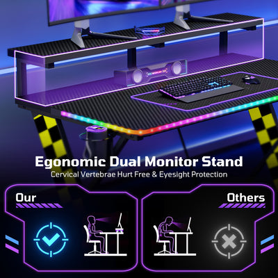 RSPGAME 43" Music Sync Light Gaming Desk PC Computer Black Office Gamer Table Desk with LED Lights & Monitor Stand, Yellow Racing