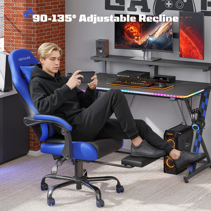 RSPGame Ergonomic Gaming Chairs for Adults,Pocket Spring Cushion,PU Leather Office Chairs with Lumbar Support and Retractable Footrest,Home and Office Computer Chairs-Blue Racing