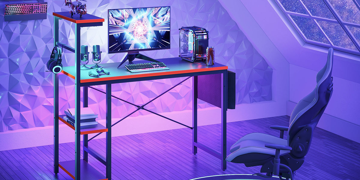 RSPGAME LED Gamer Desk, Gray, with Outlets & USB Ports, Storage Shelves, Carbon Fiber