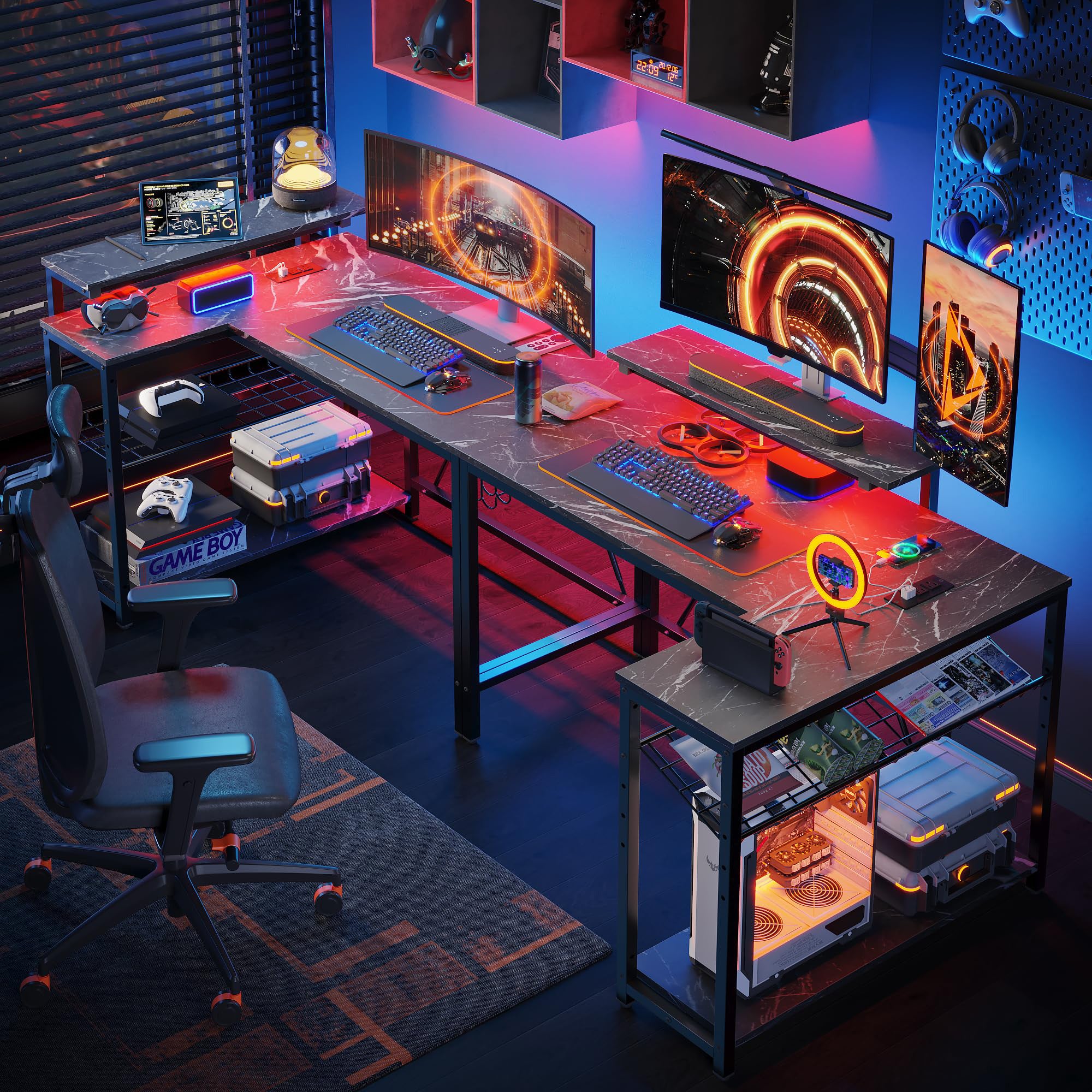 RSPGAME 42" Reversible L-Shaped Gaming Desk with Power Outlets, LED Lights, Monitor Stand & Headset Hooks for Small Spaces, Bedrooms & Home Offices, Black Marble