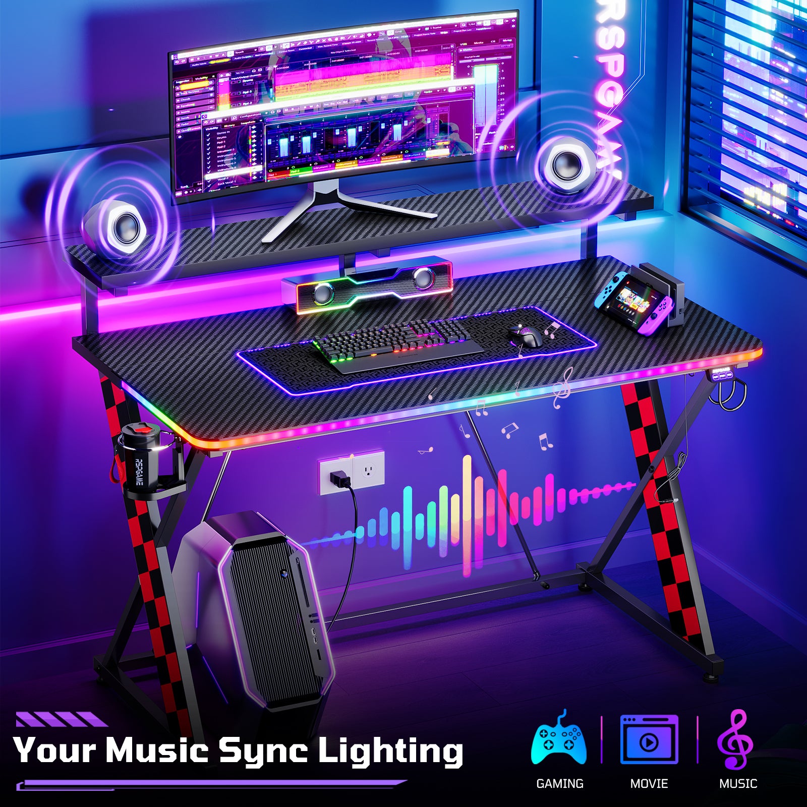 RSPGAME 43" Music Sync Light Gaming Desk PC Computer Black Office Gamer Table Desk with LED Lights & Monitor Stand, Red Racing