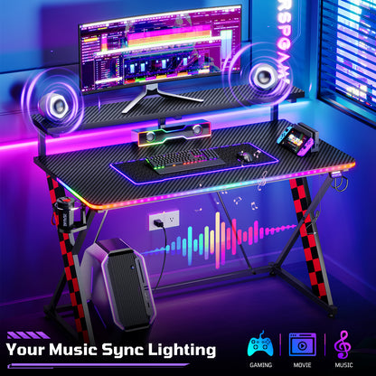RSPGAME 43" Music Sync Light Gaming Desk PC Computer Black Office Gamer Table Desk with LED Lights & Monitor Stand, Red Racing
