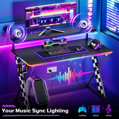 RSPGAME 43" Music Sync Light Gaming Desk PC Computer Black Office Gamer Table Desk with LED Lights & Monitor Stand, White Racing