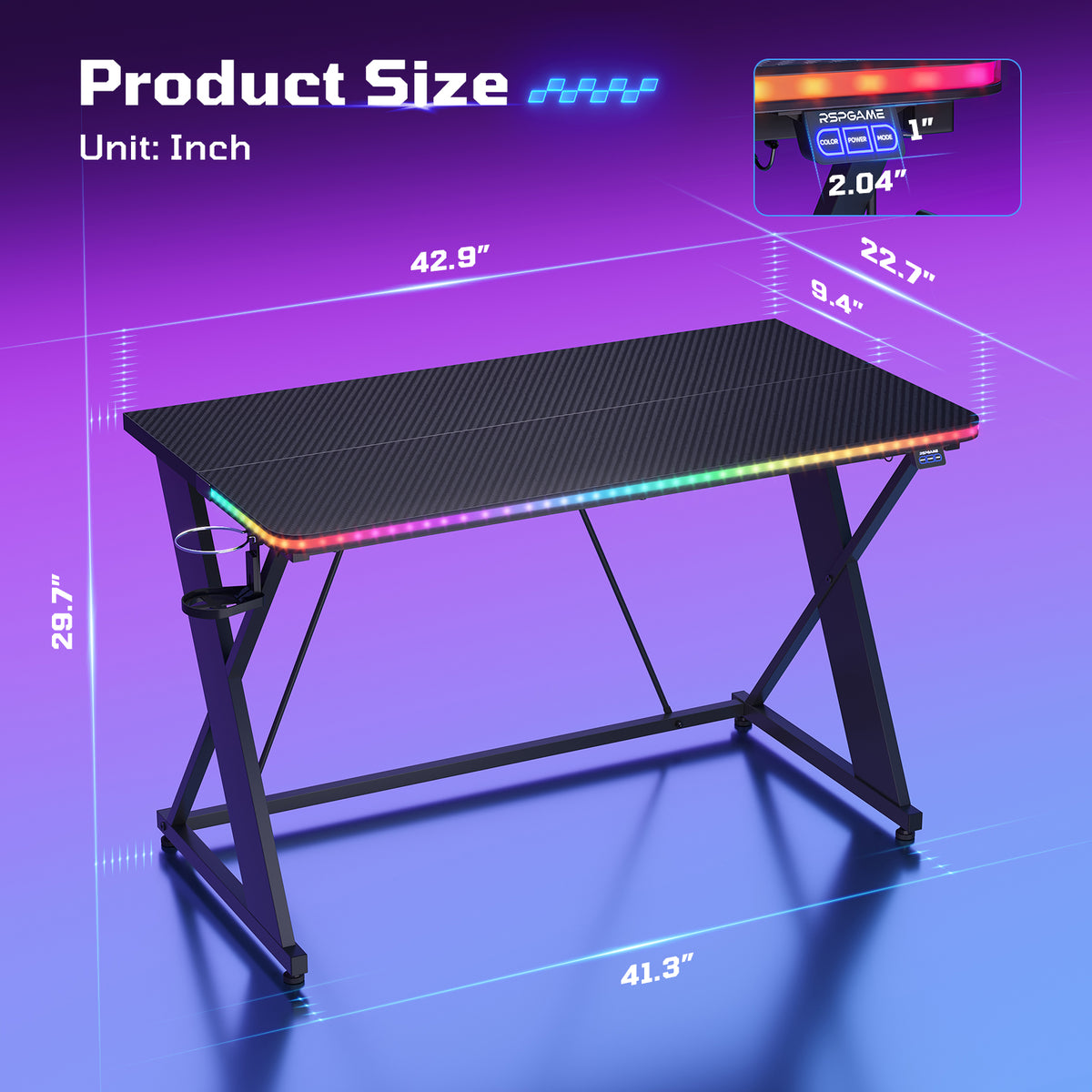 RSPGAME 43" Music Sync Gaming Desk with LED Lights, Gamer Table with Cup Holder & Headphone Hook, X-Shape Home Office PC Computer Desk, Carbon Fiber Black