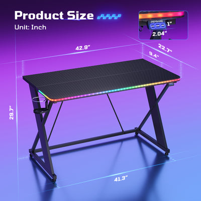 RSPGAME 43" Music Sync Gaming Desk with LED Lights, Gamer Table with Cup Holder & Headphone Hook, X-Shape Home Office PC Computer Desk, Carbon Fiber Black