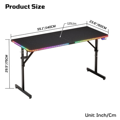RSPGAME Music-Sync LED Lights Gaming Desk with 7 Colors & 7 Modes 55 inch Stable T-Shaped Legs Computer Table Carbon Fiber
