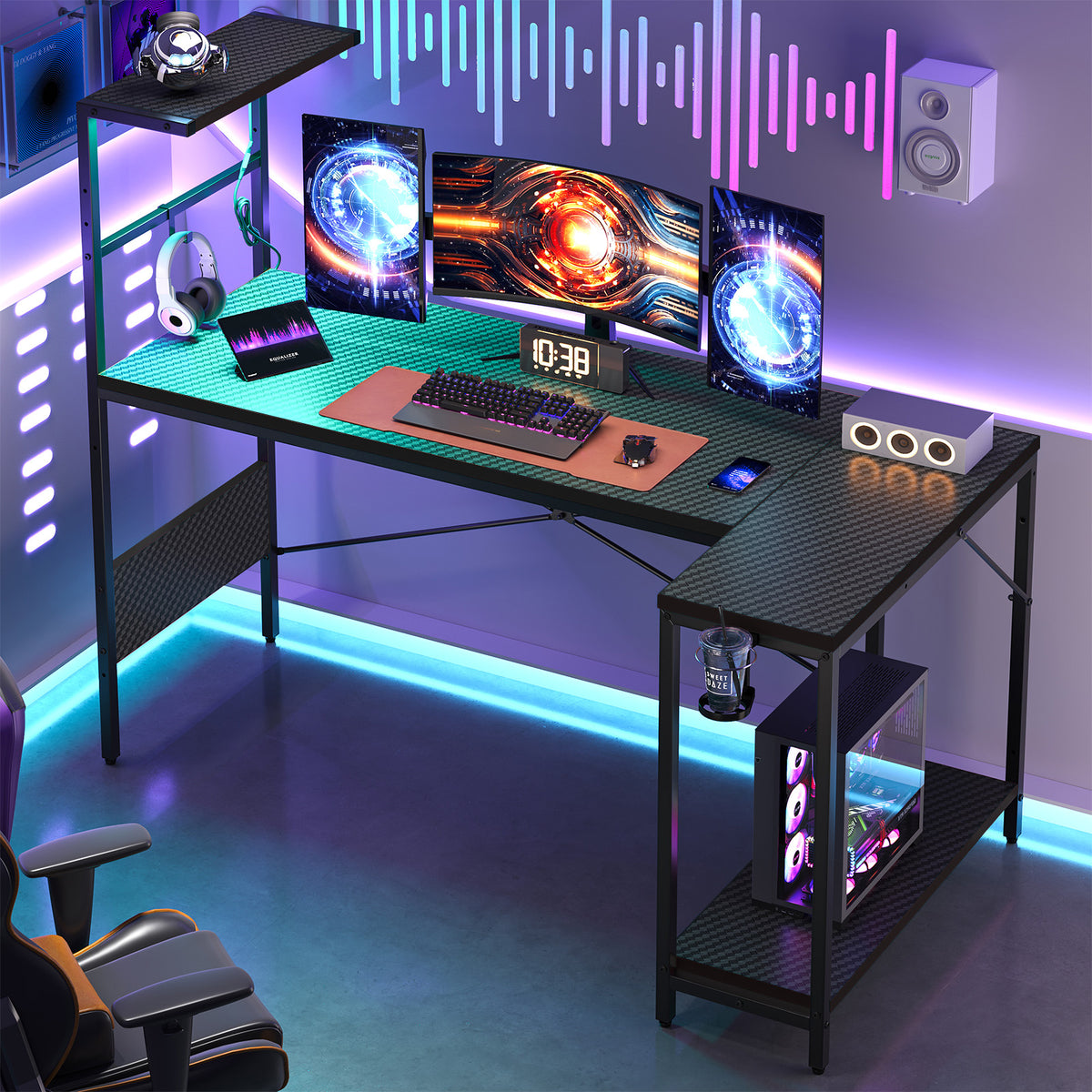 RSPGAME 57 Inch Gaming Desk with RGB LED Lights & Extra Large Space, Reversible L-Shaped Desk with Hook, Cup Holder & Display Shelf Hutch, Home Office Computer and PC Desk, Carbon Fiber Black and Red