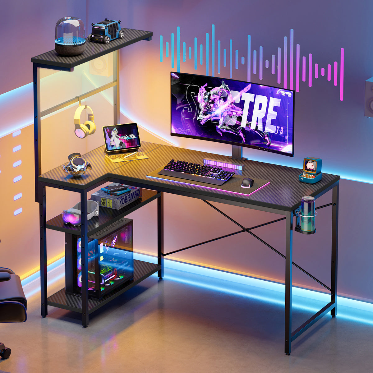 RSPGAME, Gaming Desk, 41 inch L-Shaped Carbon Fiber Blue, Small Space