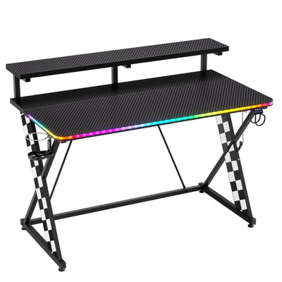 RSPGAME 43" Music Sync Light Gaming Desk PC Computer Black Office Gamer Table Desk with LED Lights & Monitor Stand, White Racing