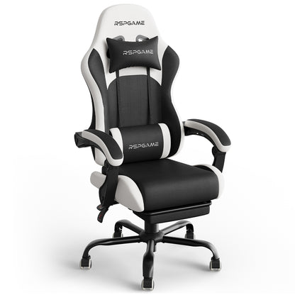 RSPGame Ergonomic Gaming Chairs for Adults,Pocket Spring Cushion,PU Leather Office Chairs with Lumbar Support and Retractable Footrest,Home and Office Computer Chairs-White Racing