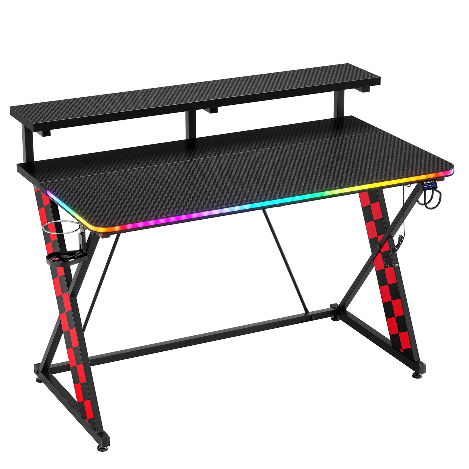RSPGAME 43" Music Sync Light Gaming Desk PC Computer Black Office Gamer Table Desk with LED Lights & Monitor Stand, Red Racing