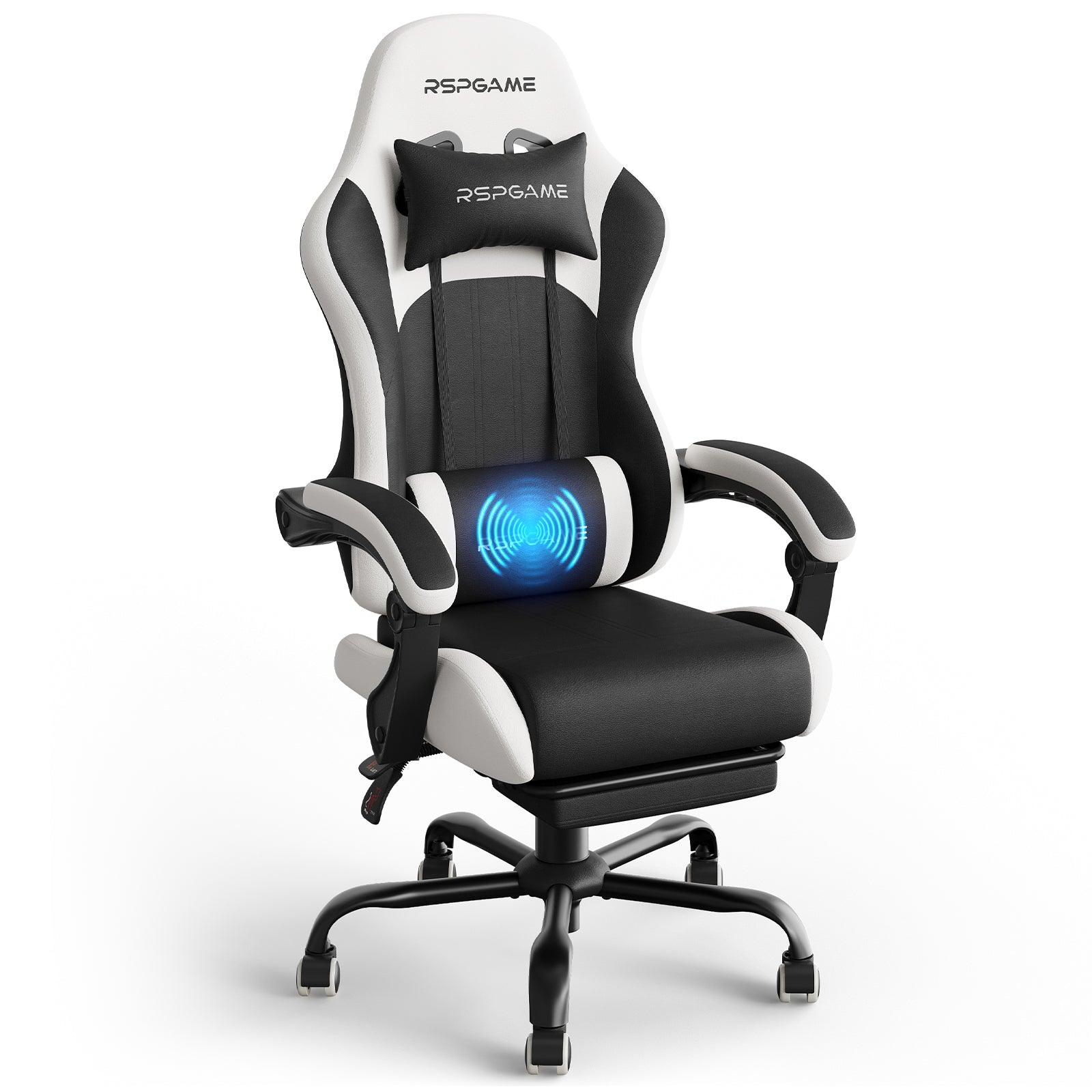 RSPGame Message Ergonomic Gaming Chairs for Adults,Pocket Spring Cushion,PU Leather Office Chairs with Lumbar Support and Retractable Footrest,Home and Office Computer Chairs-White Racing