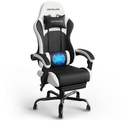 RSPGame Message Ergonomic Gaming Chairs for Adults,Pocket Spring Cushion,PU Leather Office Chairs with Lumbar Support and Retractable Footrest,Home and Office Computer Chairs-White Racing