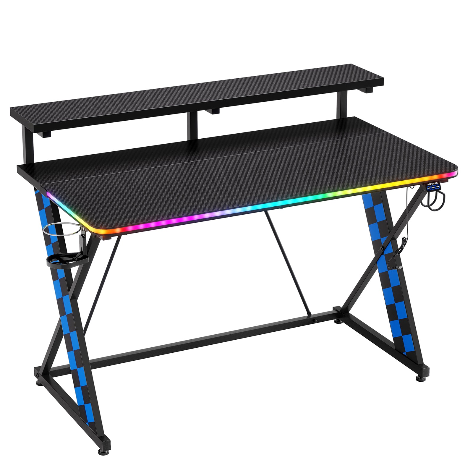 RSPGAME 43" Music Sync Light Gaming Desk PC Computer Black Office Gamer Table Desk with LED Lights & Monitor Stand, Blue Racing