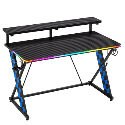 RSPGAME 43" Music Sync Light Gaming Desk PC Computer Black Office Gamer Table Desk with LED Lights & Monitor Stand, Blue Racing