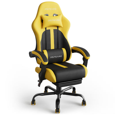 RSPGAME Ergonomic Gaming Chair For Adults,PU Leather Office Chairs with Lumbar Support and Retractable Footrest,Home and Office Computer Chairs-Yellow Racing