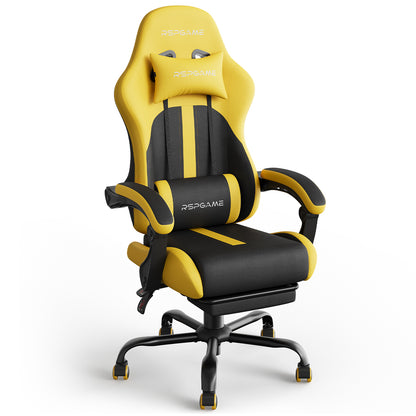 RSPGAME Ergonomic Gaming Chair For Adults,PU Leather Office Chairs with Lumbar Support and Retractable Footrest,Home and Office Computer Chairs-Yellow Racing