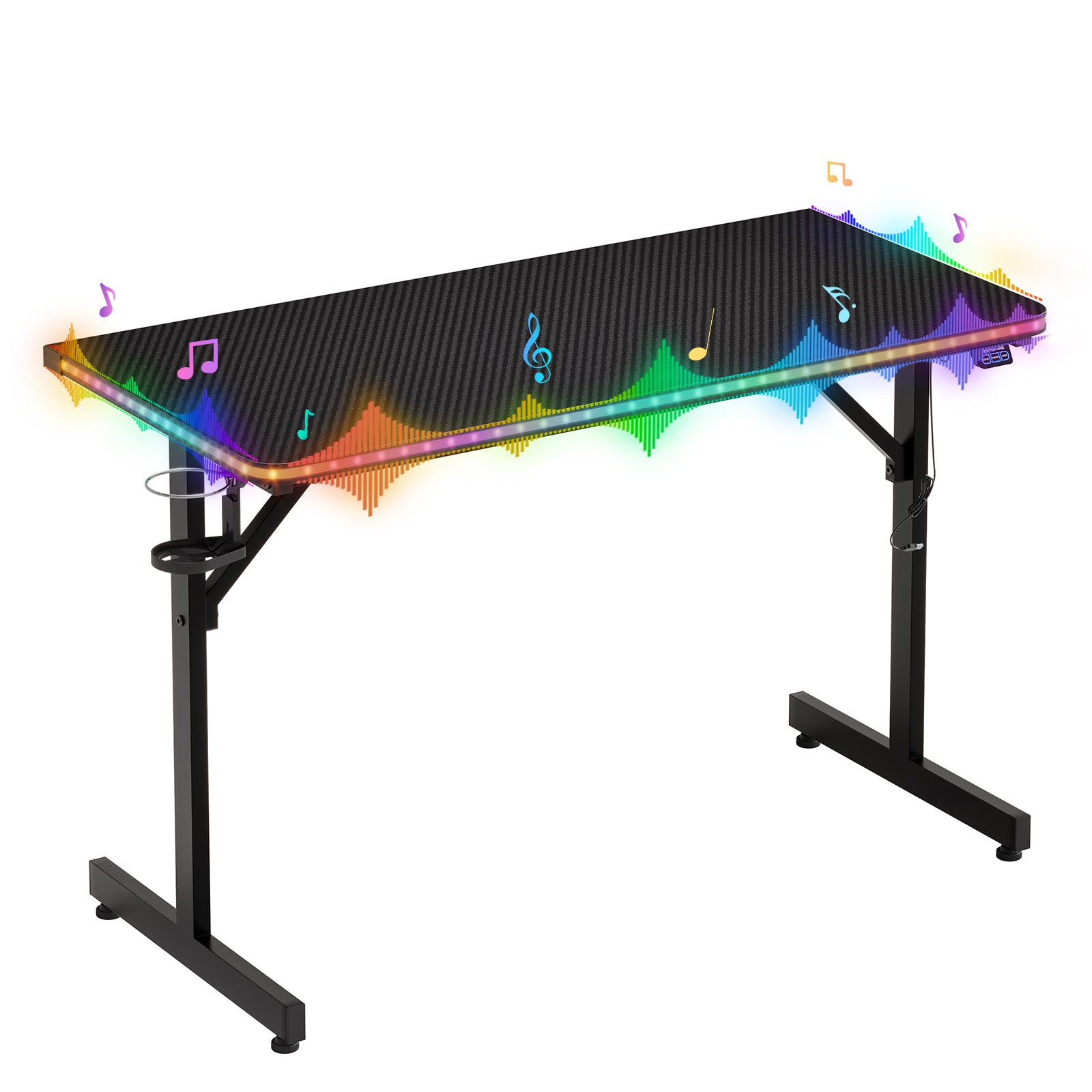 RSPGAME 43.5" Music Sync Gaming Desk, Ergonomic Gamer Table, ,T-Shape PC Computer Desk with RGB Lighting, Carbon Fiber Black