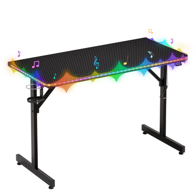 RSPGAME 43.5" Music Sync Gaming Desk, Ergonomic Gamer Table, ,T-Shape PC Computer Desk with RGB Lighting, Carbon Fiber Black