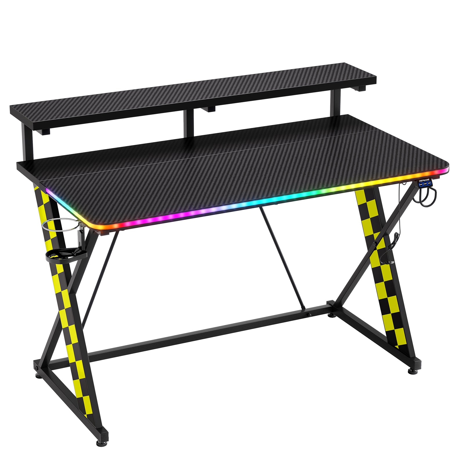 RSPGAME 43" Music Sync Light Gaming Desk PC Computer Black Office Gamer Table Desk with LED Lights & Monitor Stand, Yellow Racing