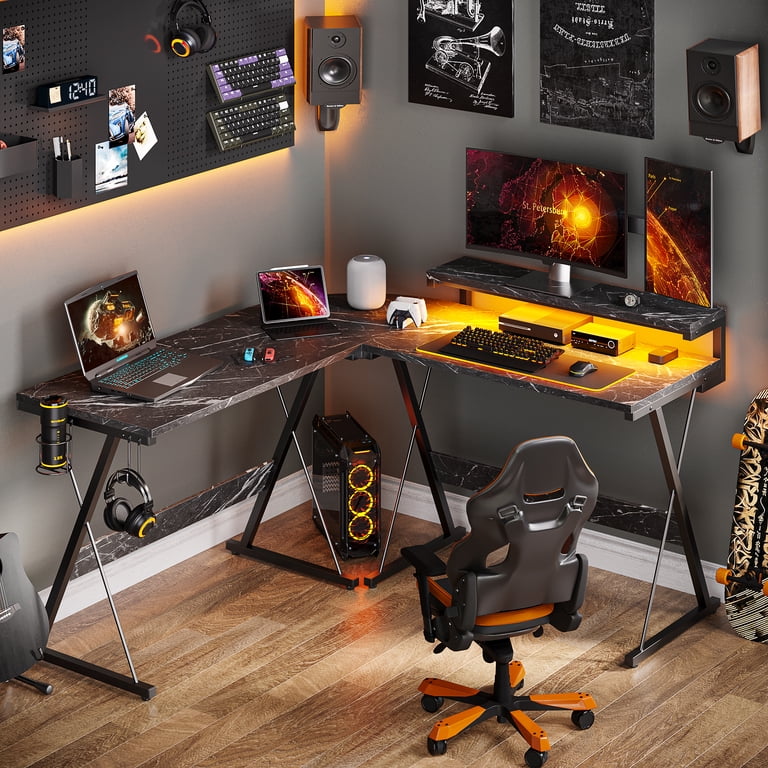 Bestier 42" Reversible L-Shaped Gaming Desk with Power Outlets, LED Lights, Monitor Stand & Headset Hooks for Small Spaces,…