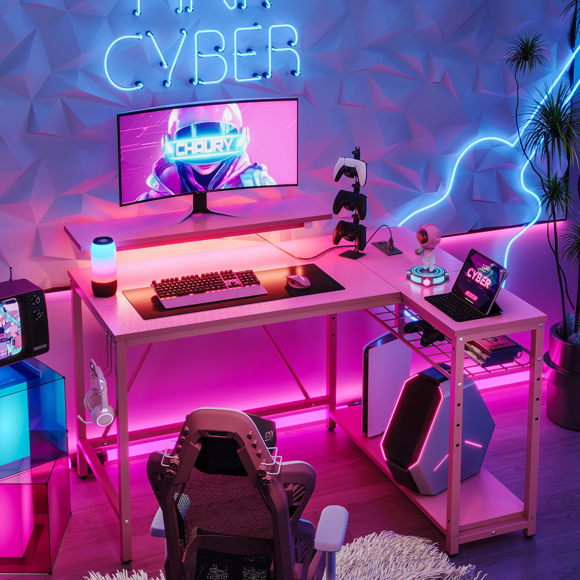 RSPGAME 42" L Shaped Computer Desk with Power Outlets, Corner Office Desk with LED Lights & Monitor Stand, Reversible Shelves, Corner Desk for Small Spaces ,Bedrooms & Home, Carbon Fiber Pink