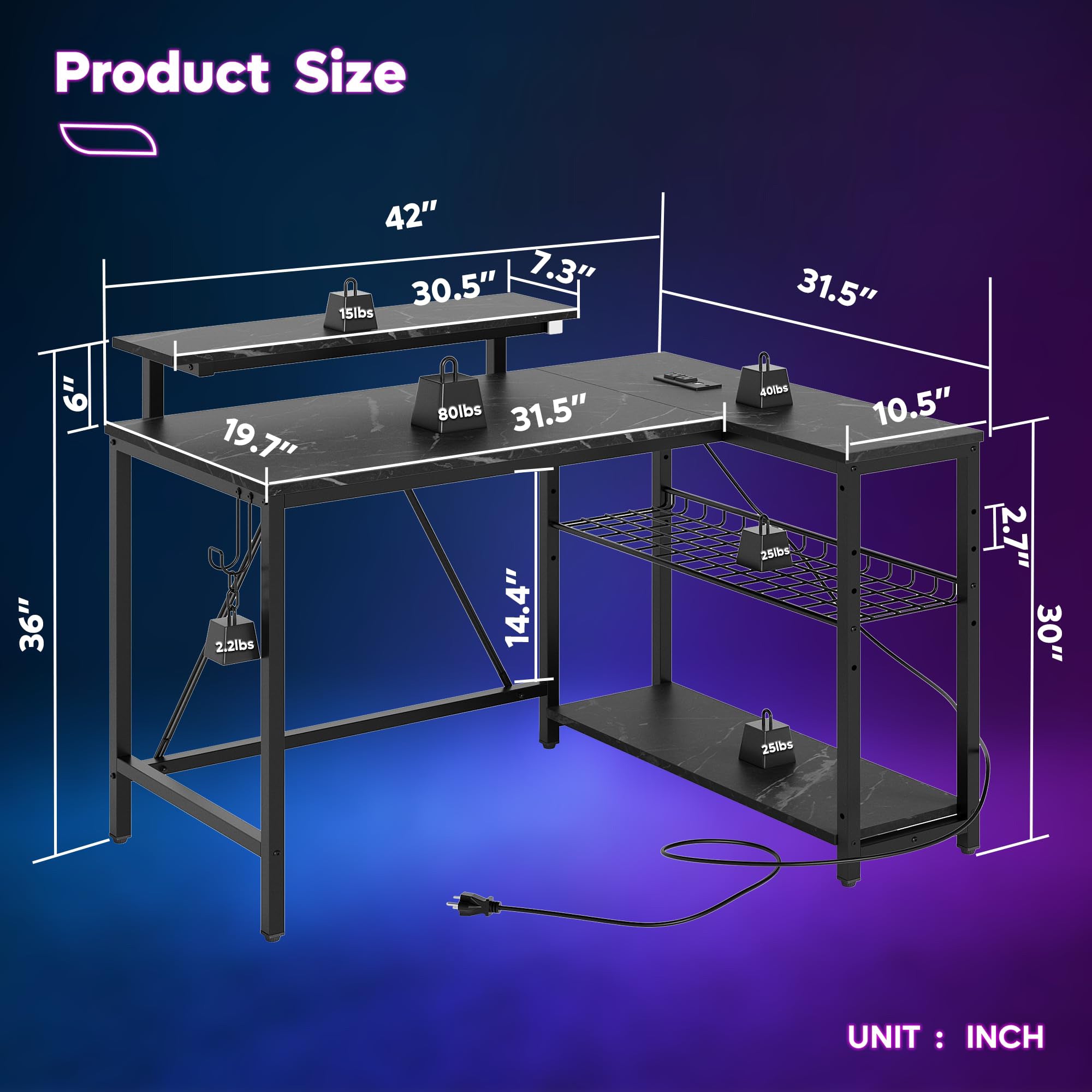 RSPGAME 42" Reversible L-Shaped Gaming Desk with Power Outlets, LED Lights, Monitor Stand & Headset Hooks for Small Spaces, Bedrooms & Home Offices, Black Marble
