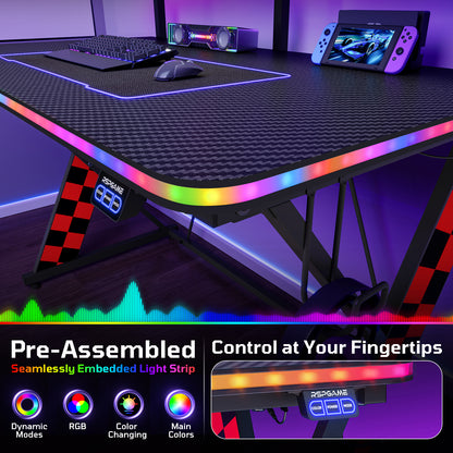 RSPGAME 43" Music Sync Light Gaming Desk PC Computer Black Office Gamer Table Desk with LED Lights & Monitor Stand, Red Racing