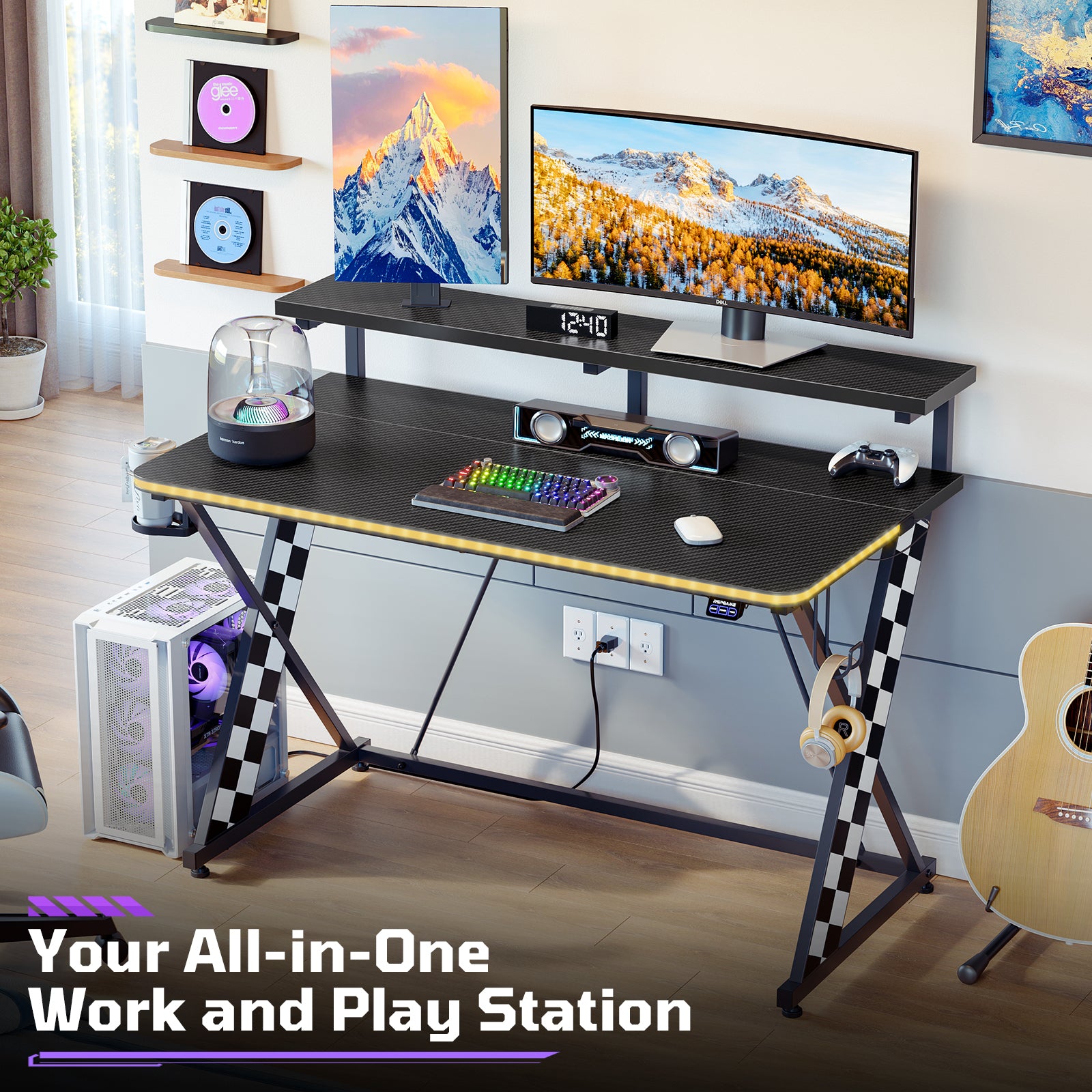 RSPGAME 43" Music Sync Light Gaming Desk PC Computer Black Office Gamer Table Desk with LED Lights & Monitor Stand, White Racing