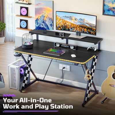 RSPGAME 43" Music Sync Light Gaming Desk PC Computer Black Office Gamer Table Desk with LED Lights & Monitor Stand, White Racing