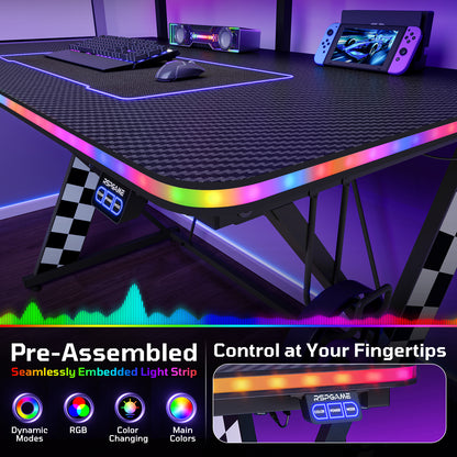 RSPGAME 43" Music Sync Light Gaming Desk PC Computer Black Office Gamer Table Desk with LED Lights & Monitor Stand, White Racing