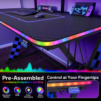 RSPGAME 43" Music Sync Light Gaming Desk PC Computer Black Office Gamer Table Desk with LED Lights & Monitor Stand, Blue Racing