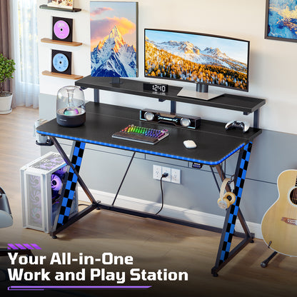 RSPGAME 43" Music Sync Light Gaming Desk PC Computer Black Office Gamer Table Desk with LED Lights & Monitor Stand, Blue Racing