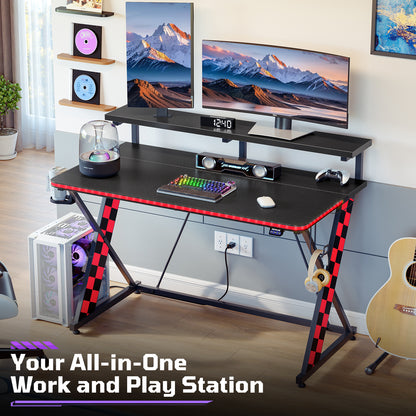 RSPGAME 43" Music Sync Light Gaming Desk PC Computer Black Office Gamer Table Desk with LED Lights & Monitor Stand, Red Racing