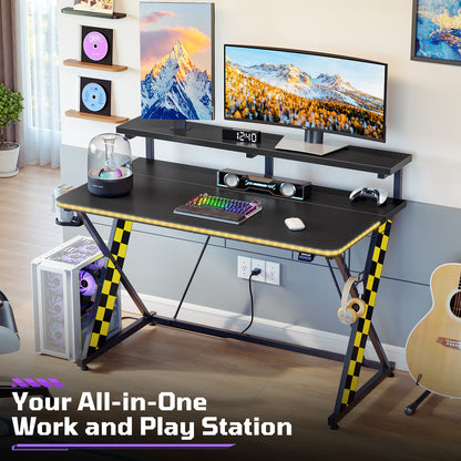 RSPGAME 43" Music Sync Light Gaming Desk PC Computer Black Office Gamer Table Desk with LED Lights & Monitor Stand, Yellow Racing