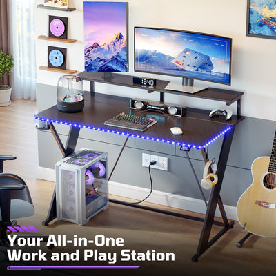 RSPGAME 43" Music Sync LED Gaming Desk,X-Shape Ergonomic Monitor Stand Gamer Table,PC Desk with Dynamic Lighting,Color Changing Office Desks,Black Racing