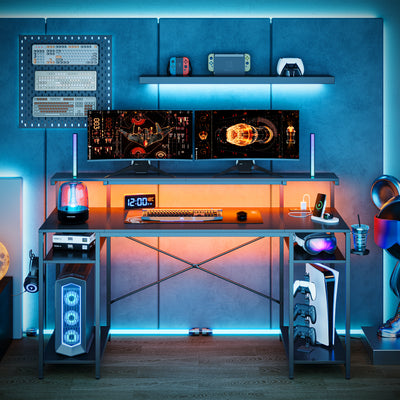 "Bestier 55"" Gaming Desk with Power Outlets, LED Light & Monitor Stand, Multiple Setup Desktop, Black Carbon Fiber"