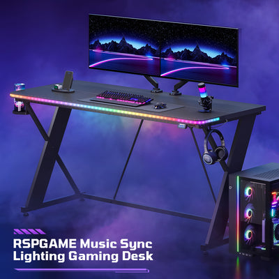 RSPGAME 55" Music Sync Gaming Desk with LED Lights, Gamer Table with Cup Holder & Headphone Hook, X-Shape Home Office PC Computer Desk, Carbon Fiber Black
