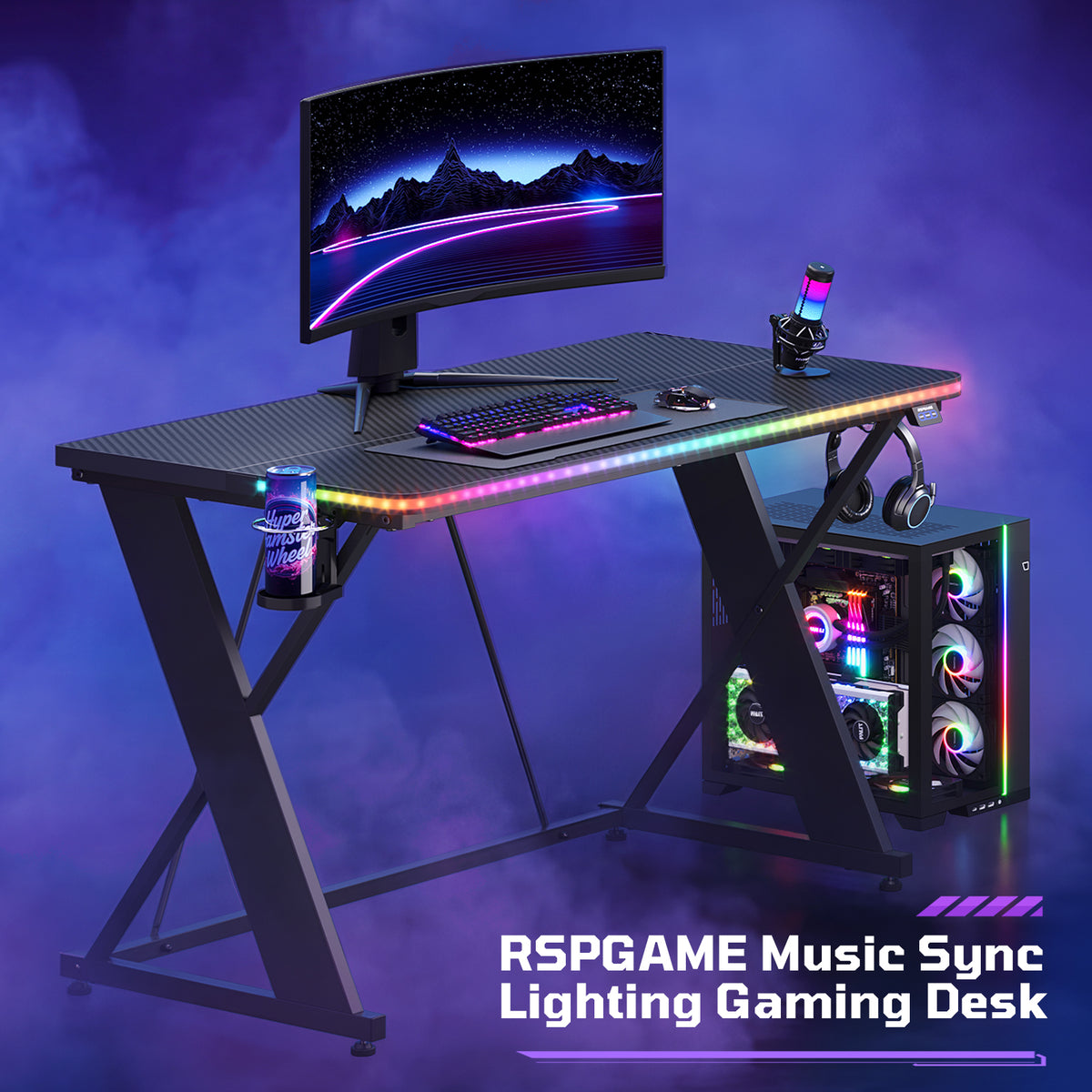 RSPGAME 43" Music Sync Gaming Desk with LED Lights, Gamer Table with Cup Holder & Headphone Hook, X-Shape Home Office PC Computer Desk, Carbon Fiber Black