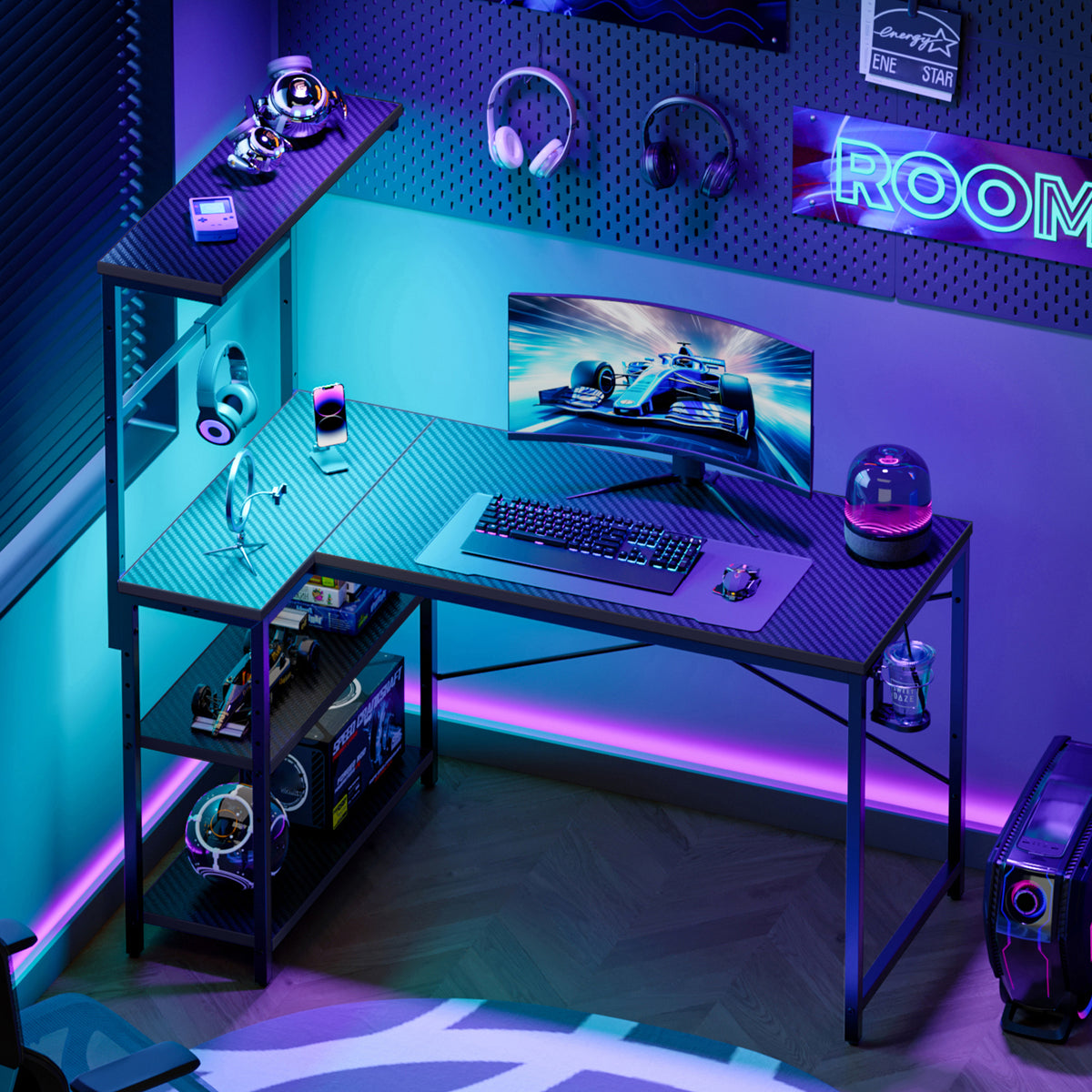 RSPGAME 41.5" Reversible L-Shaped Gaming Desk with Power Outlet and Hutch Storage, Black