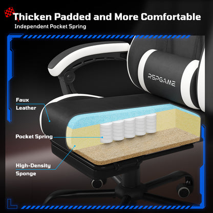 RSPGame Message Ergonomic Gaming Chairs for Adults,Pocket Spring Cushion,PU Leather Office Chairs with Lumbar Support and Retractable Footrest,Home and Office Computer Chairs-White Racing