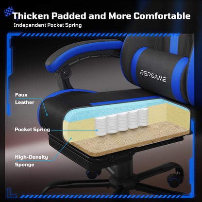 RSPGame Ergonomic Gaming Chairs for Adults,Pocket Spring Cushion,PU Leather Office Chairs with Lumbar Support and Retractable Footrest,Home and Office Computer Chairs-Blue Racing