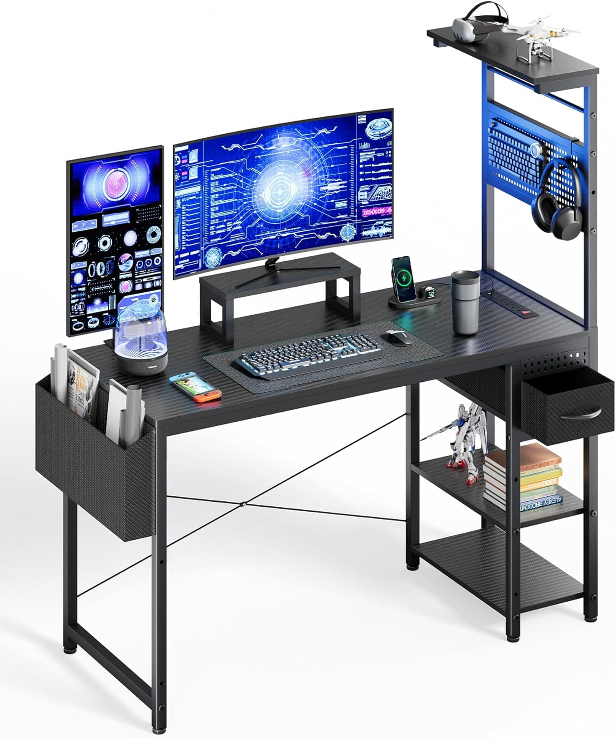 RSPGAME 48" Gaming Desk with LED Lights, Monitor Stand, Hook and Storage Shelf, Black - image 2